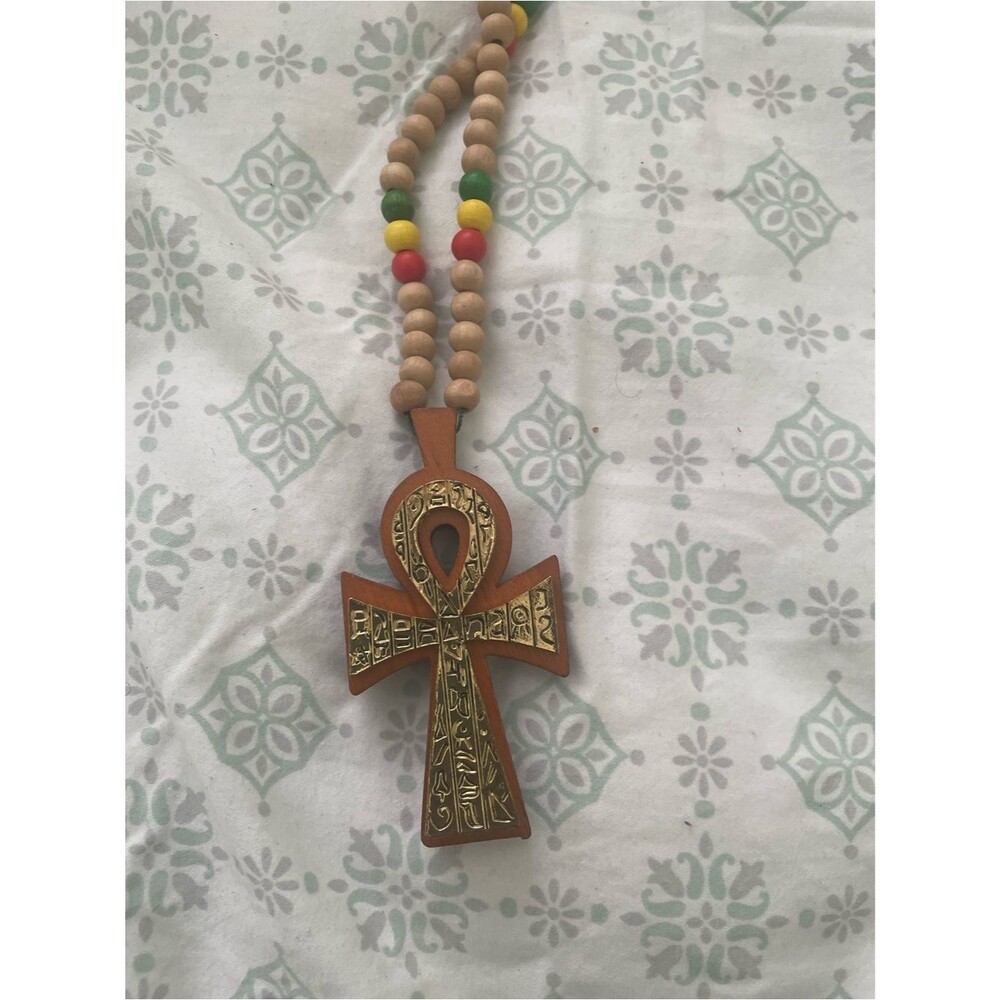 Prince Symbol Wooden Necklace with Brass Inlay and Colorful Beads